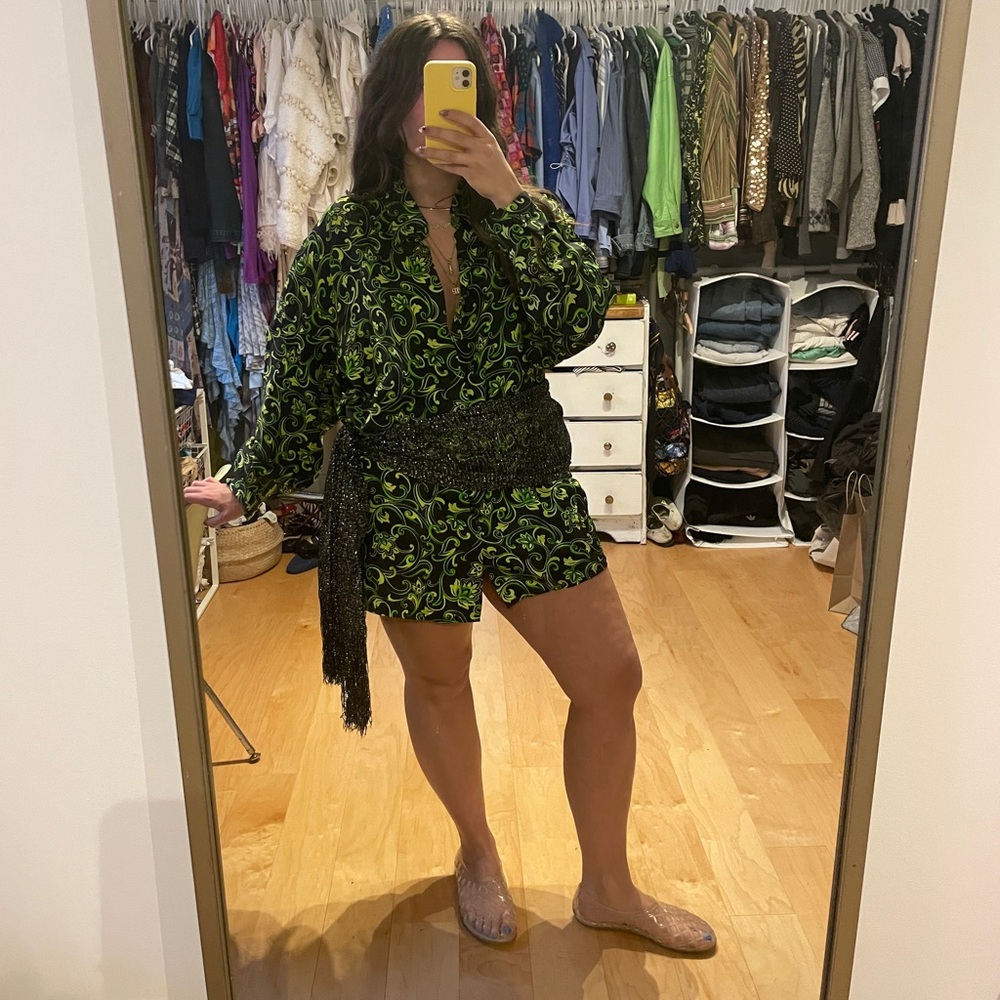 Vintage Versace Classic V2  Black Blouse with Neon Green Baroque Print - Picture 5 of 5